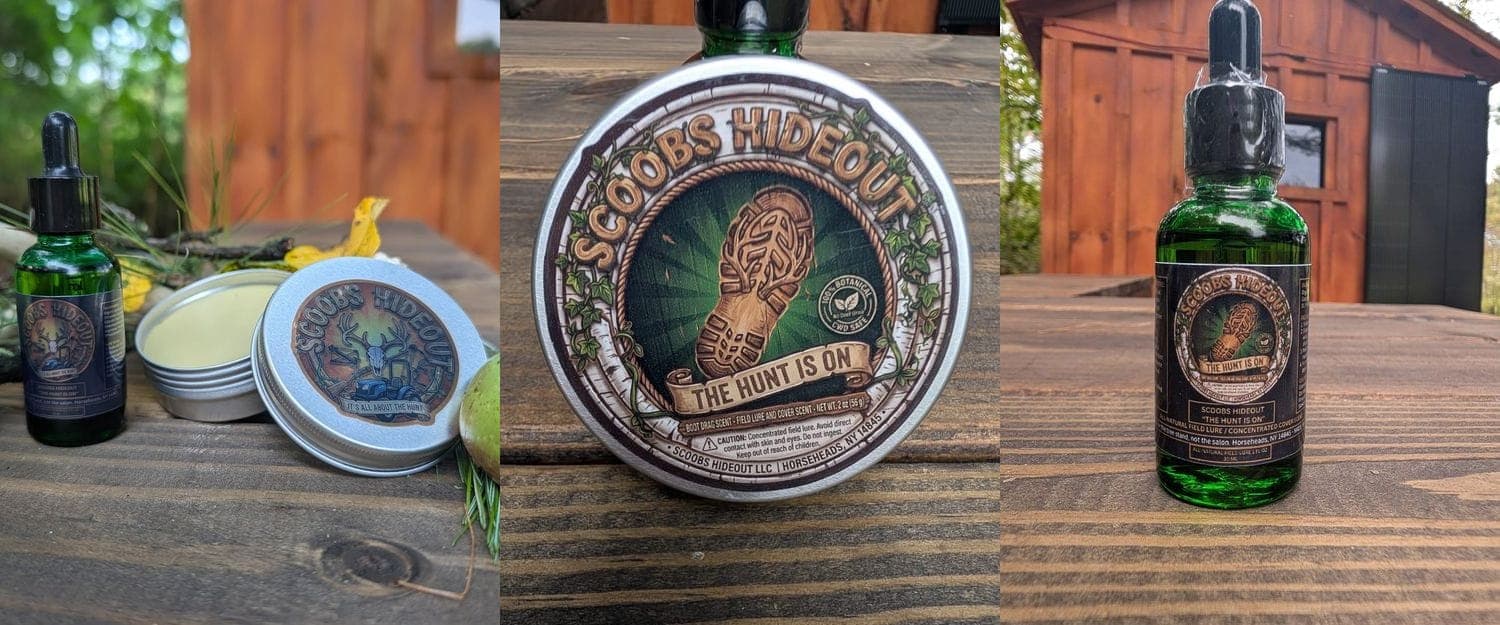 The Full Hideout Kit: beard oil and balm, a leather and gear conditioner tin, and a cover scent bottle